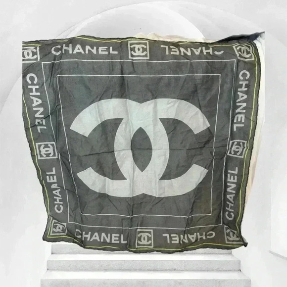 CHANEL 100% cotton mini scarf gray sheer logo neon outline - Picture 1 of 5